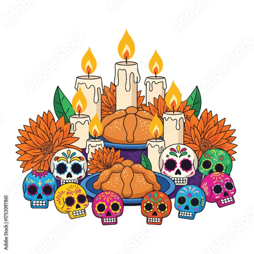 Vibrant Day of the Dead altar with sugar skulls, candles, and marigolds on a white background, conveying a festive and traditional Mexican cultural celebration.