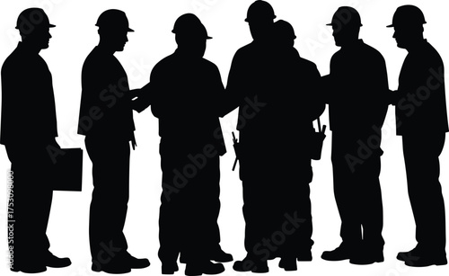 Construction workers silhouette, teamwork at industrial site, safety gear, hard hats, labor force, engineering crew, collaboration, infrastructure development, vector illustration, black background