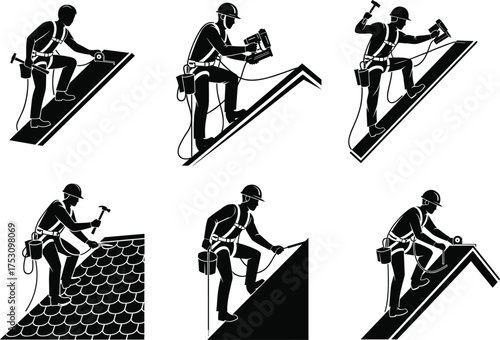 Construction workers silhouette, roofing labor vector, hammering, nailing, safety harness, rooftop repair, black and white illustration, building maintenance, contractor tools