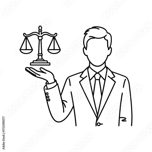 Lawyer holding scales of justice in a simple line drawing