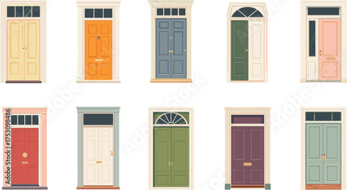 Collection of colorful vintage wooden doors with decorative glass windows and classic architectural design in flat vector illustration style