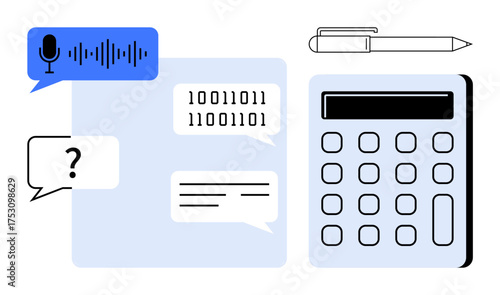 Microphone, chat bubbles, binary code, calculator, and pen suggest communication, technology, AI, coding research education and digital efficiency. Ideal for innovation productivity learning