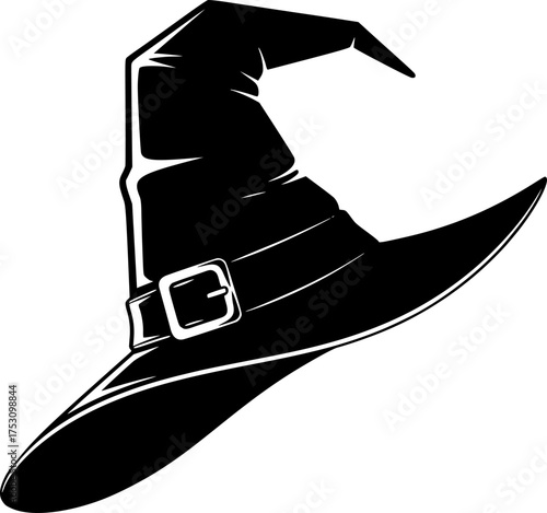 Witch hat silhouette. This image shows a black silhouette of a witch hat with a curved brim and a pointy top, symbolizing magic and Halloween themes. Vector clipart illustration design.