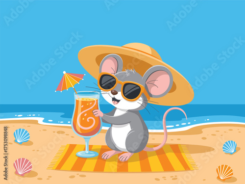 Cute cartoon mouse wearing sunglasses and hat enjoying a tropical drink on the beach