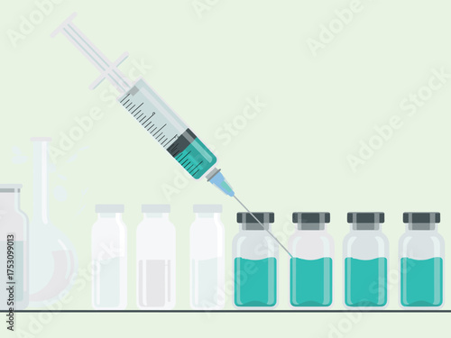 Medical vaccine injection syringe and vials, scientific research concept