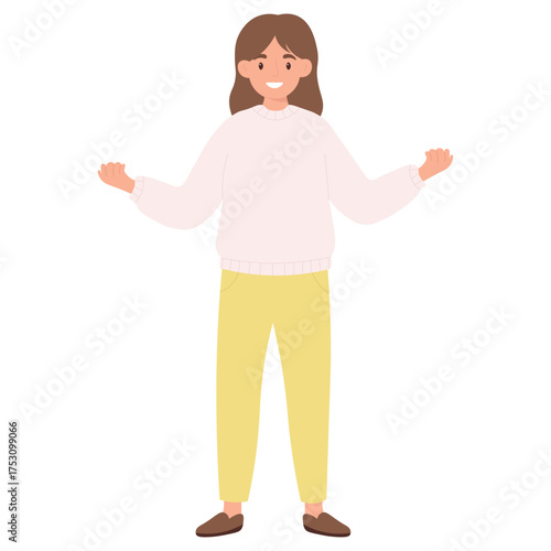 Smiling young woman standing with open arms. Happy girl isolated. Casual outfit illustration