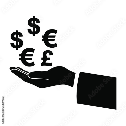Hand offering multiple international currency symbols