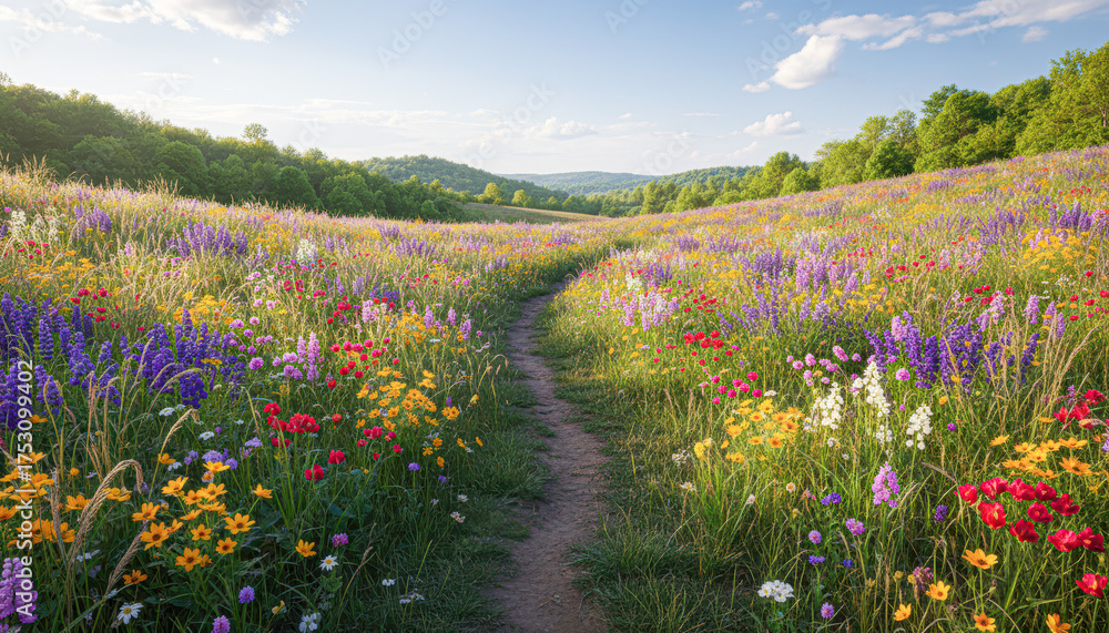 Obraz premium A vibrant wildflower field with a winding path under a clear blue sky, showcasing a mix of colorful blossoms and lush greenery.