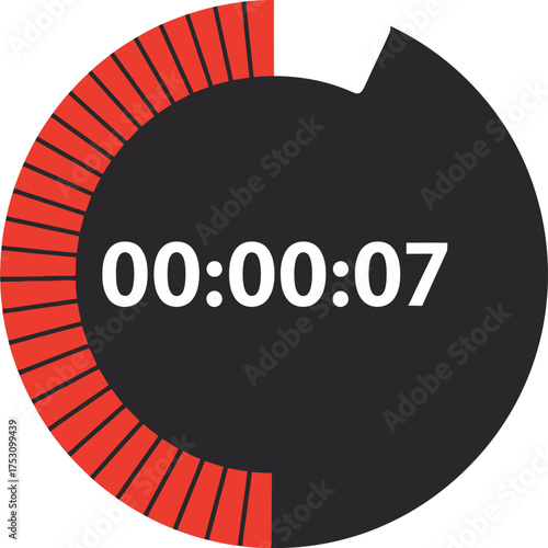 A modern circular digital timer icon with a black face displaying seven seconds, partially encircled by a red segmented progress bar.