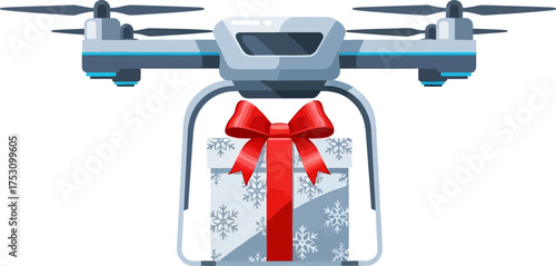 A delivery drone carries a festive Christmas gift box wrapped in silver paper with a large red bow.