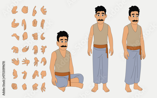 Indian village man catoon character design for 2d animation.