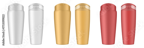 Set of white, gold and red shampoo and conditioner bottles. Realistic mockup. Korean packaging. Lotion or shower gel. Hair treatment, mask. Cosmetic bottle with transparent cap