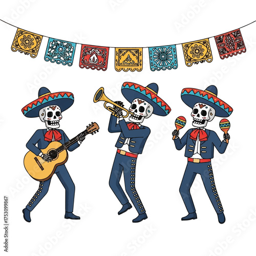 Illustration of three sugar skulls dressed in mariachi costumes playing musical instruments under a colorful banner on a white background.