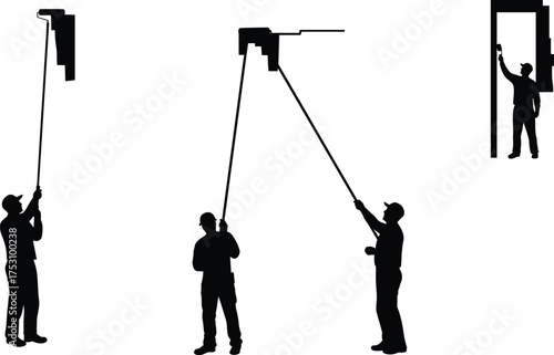 Silhouette workers using long poles, maintenance staff adjusting ceiling units, facility technicians operating wall devices, industrial service, construction, safety, equipment access