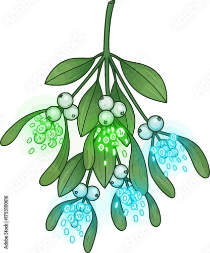 A festive sprig of mistletoe with a digital twist, featuring glowing green and blue leaves showering binary code.