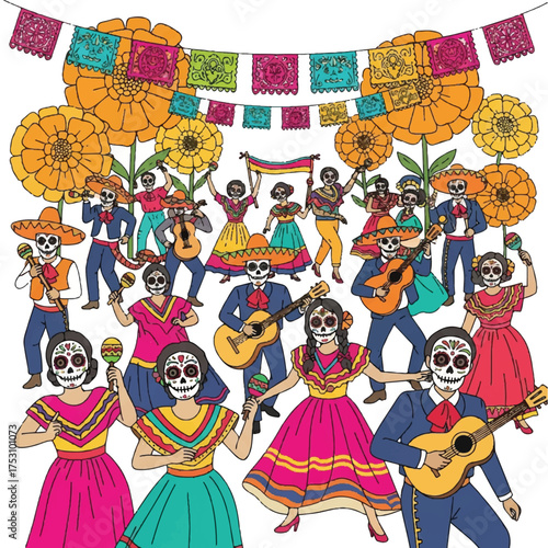 Vibrant illustration of people with sugar skull makeup dancing and playing music under colorful papel picado and flowers on a white background with a lively and festive mood.