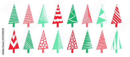 Christmas tree icon, winter doodle fir set, simple pine geometric shape. Green and red color silhouette set isolated on white background. New Year and Xmas element design. Holiday vector illustration