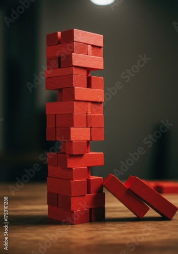 Red Jenga Tower Mid-Game with Falling Blocks and Blurred Background Lighting