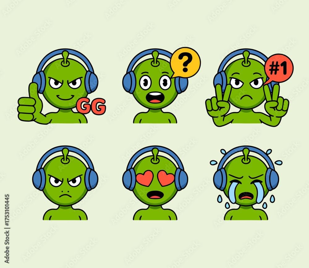 Obraz premium Cartoon green alien characters with headphones expressing various emotions and reactions in a set of six illustrations.