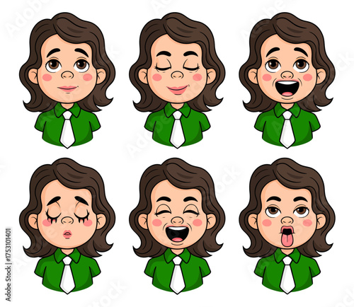 A collection of six cartoon facial expressions of a young woman with brown hair, showing a range of emotions.