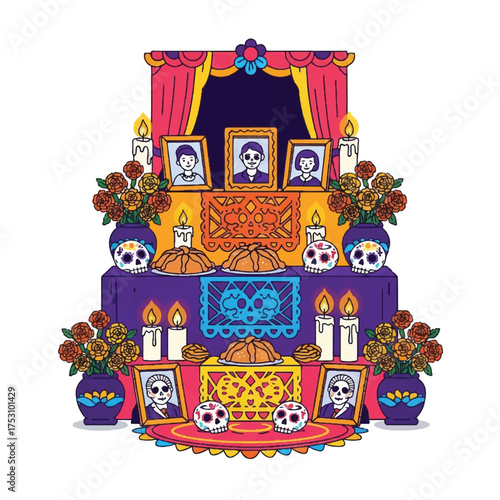 Vibrant digital illustration of a Day of the Dead altar with purple and orange hues, adorned with skulls, candles, flowers, and framed portraits in a festive, traditional Mexican setting.