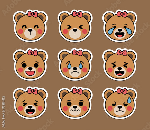 Nine cute cartoon bear faces with different expressions, each wearing a pink bow.