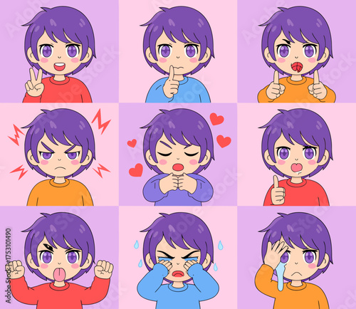 A collection of nine anime-style illustrations depicting a young person's diverse emotional expressions.