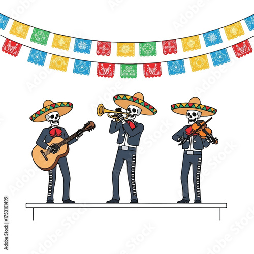 Three skeleton musicians wearing sombreros and mariachi suits play guitar, trumpet, and violin under colorful papel picado banners on a stage.