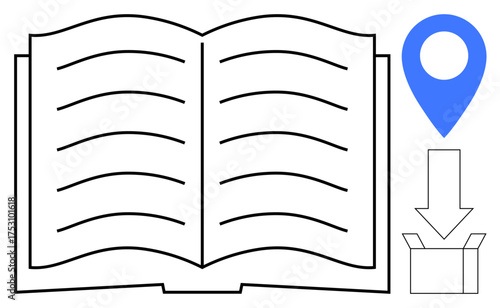 Open book with text lines, blue location pin, and a downward arrow pointing into a box. Ideal for education, navigation, digital access, e-learning, literature, logistics and knowledge sharing