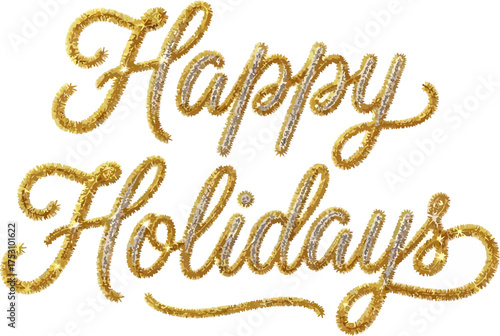 Festive greeting "Happy Holidays" written in elegant, sparkling gold glitter calligraphy on a transparent background.