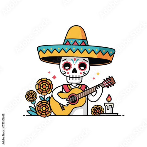 A colorful cartoon skeleton wearing a sombrero plays a guitar with flowers and a candle on a white background, conveying a festive Latin American cultural celebration.