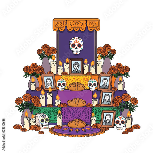 Illustration of a vibrant Day of the Dead altar with sugar skulls, candles, and photographs on a white background, featuring purple, orange, and green decorations.