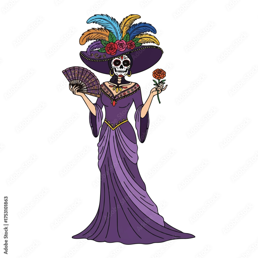 Fototapeta premium Illustration of a female skeleton wearing a purple dress and hat adorned with feathers and flowers, holding a fan and rose against a white background with a festive and cultural vibe.