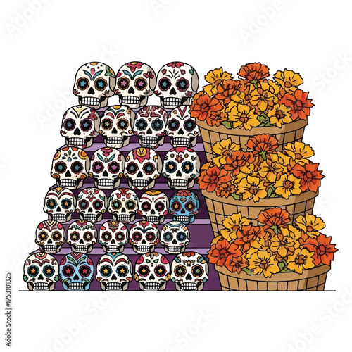 Colorful illustration of sugar skulls arranged on a purple background next to three baskets filled with vibrant orange and yellow flowers.