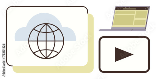 Globe inside a cloud, a laptop with a browser, and a play button for video content. Ideal for technology, networking, cloud computing, media sharing, online education, digital marketing seamless