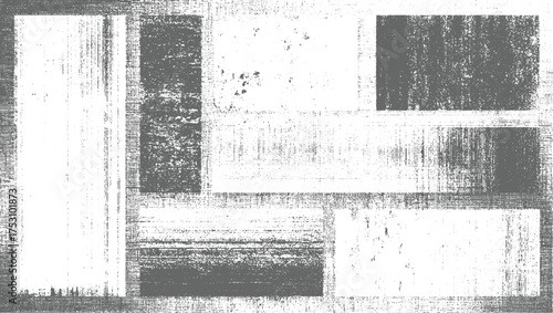 Abstract composition of textured gray and white rectangles with a distressed overlay effect.