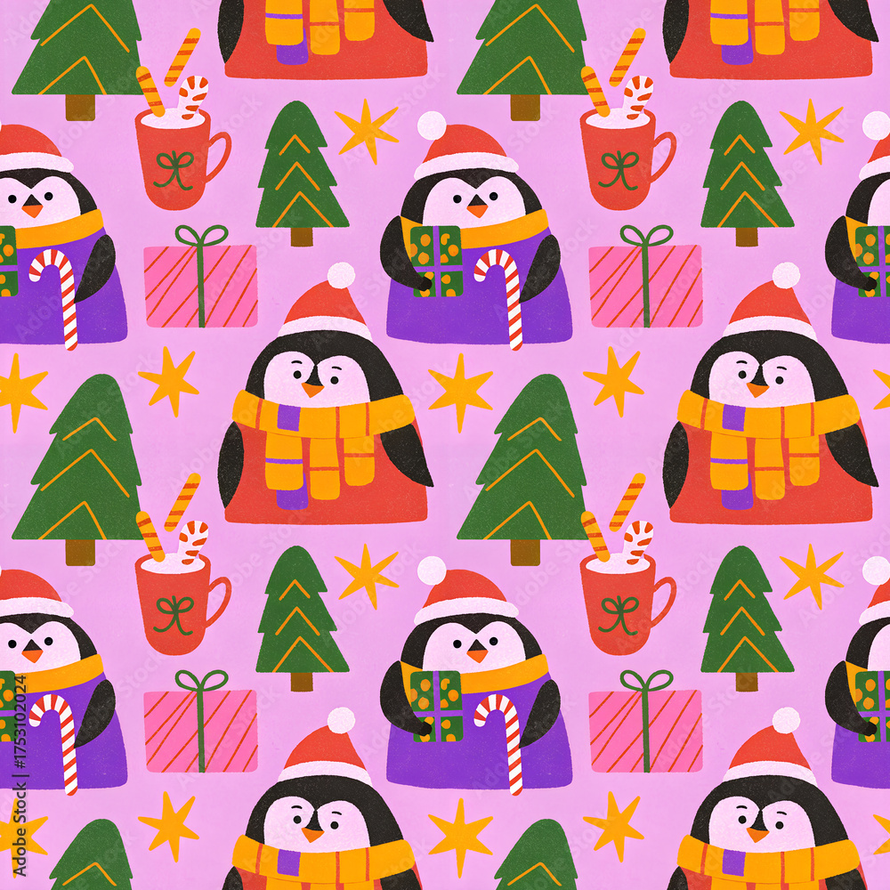 Fototapeta premium Christmas Penguins Seamless Pattern