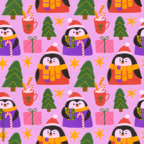 Christmas Penguins Seamless Pattern