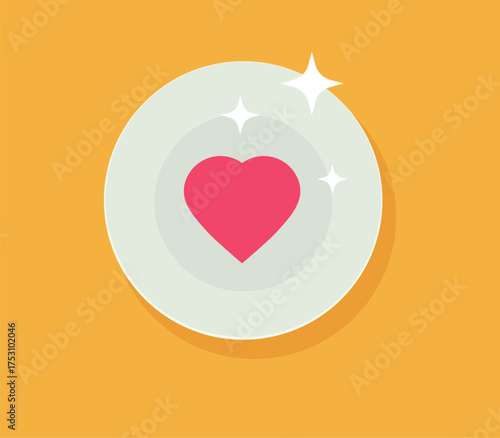 Kitchen utensil tableware cleaning love icon vector graphic illustration flat cartoon design, plate with heart as food meal like, dishware cookware rinse image clip art