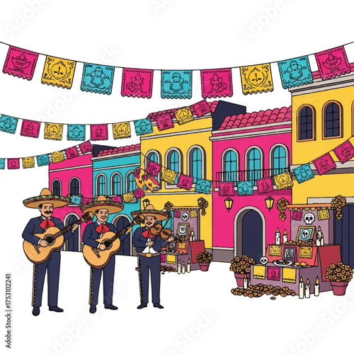 Illustration of mariachi musicians playing guitars in front of colorful buildings and papel picado banners in a vibrant Mexican setting.