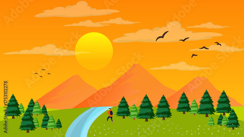 Traveler Exploring a Forest and Mountain Valley during Golden Hour