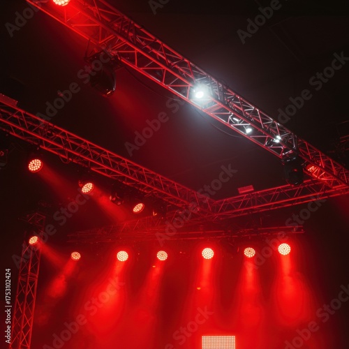 Stage Lighting Rig With Red Lights And Smoke Effects In A Dark Venue