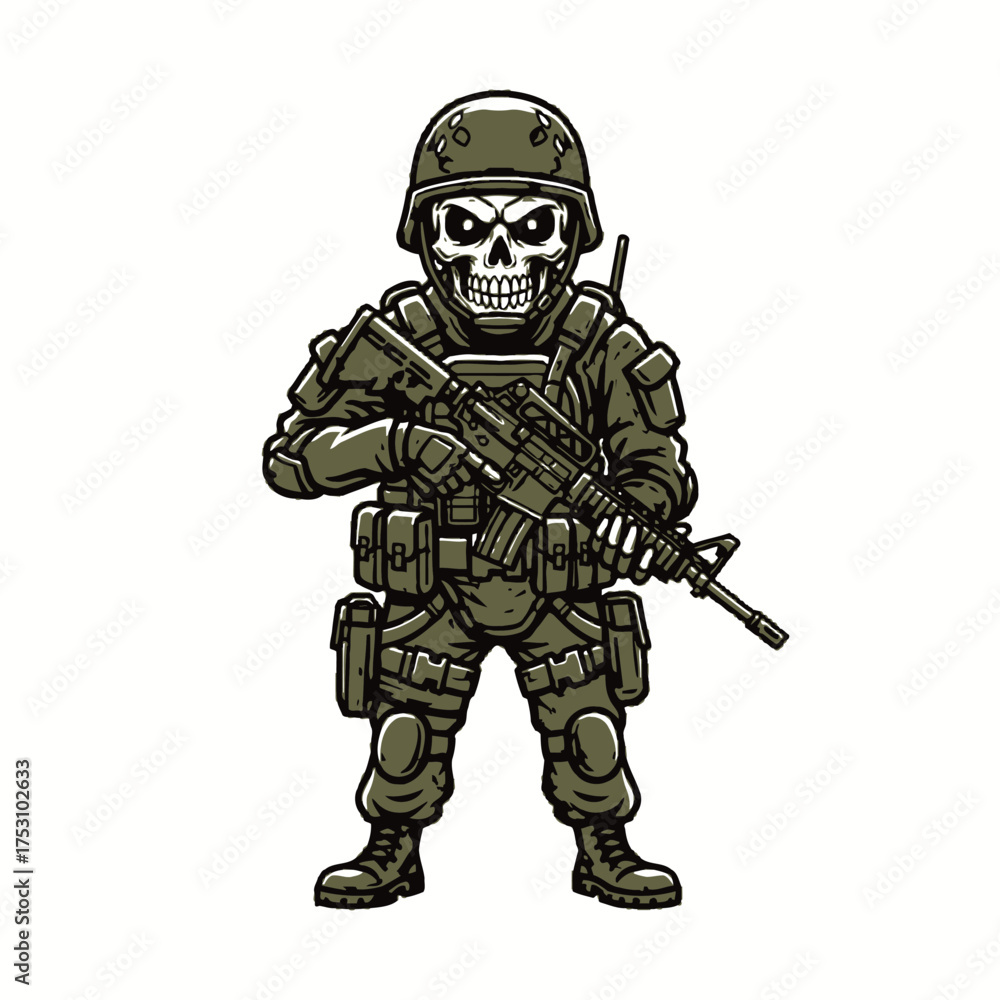 Naklejka premium Skull soldier mascot in tactical gear holding a combat rifle vector illustration