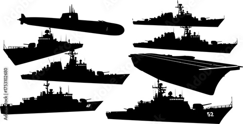 Naval ship silhouettes. This image shows various silhouettes of naval ships, including submarines and warships, depicted in black against a white background. Vector clipart illustration design