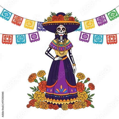 Colorful illustration of a sugar skull woman in a traditional Mexican dress and sombrero standing amidst flowers and papel picado banners on a white background.