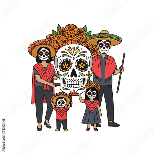 Illustration of a family with sugar skull makeup and traditional Mexican attire holding a decorated skull on a white background with vibrant floral designs.