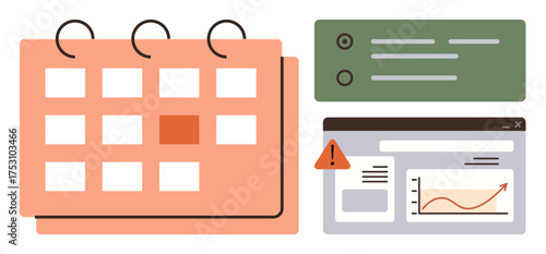 Calendar grid, alert notification, and data chart visualize scheduling, productivity tracking, and goal planning. Ideal for organization, monitoring, deadlines, planning productivity analytics