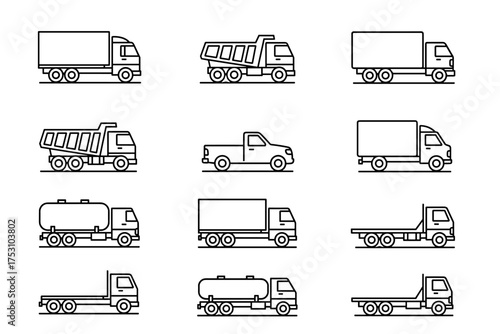 Truck line icon set. Commercial vehicles collection. Lorry, pickup, dumper, tanker, flatbed truck. Logistics, delivery, cargo transport symbols. Heavy vehicle vector.