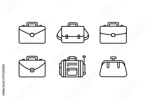 Set of six business and travel bag line icons, briefcase, messenger bag, rolling luggage, and classic handbag vector illustrations for office, travel, and fashion design