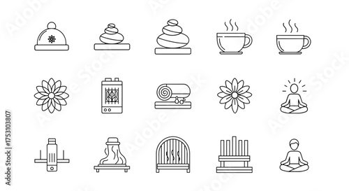 Hygge lifestyle and winter comfort thin line icons set. Spa relaxation, meditation, cozy home elements. Fireplace, hot tea, sauna, warm clothes vector outline pictograms.